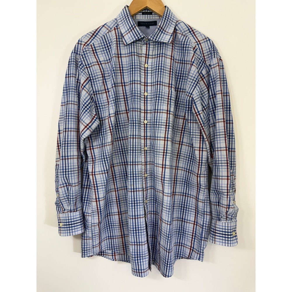 Tommy Hilfiger Plaid Dress Shirt Men 16.5 32/33 L Regular Fit Blue Red Cotton